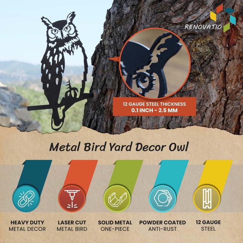Renovatio Owl Metal Bird Art, Gifts for Dad, Owl Outdoor Decor for Garden, Yard & Patio – Majestic Bird Ornament & Yard Art – Garden Statues, Outdoor Ornaments & Durable Backyard Decor – Black - Image 3